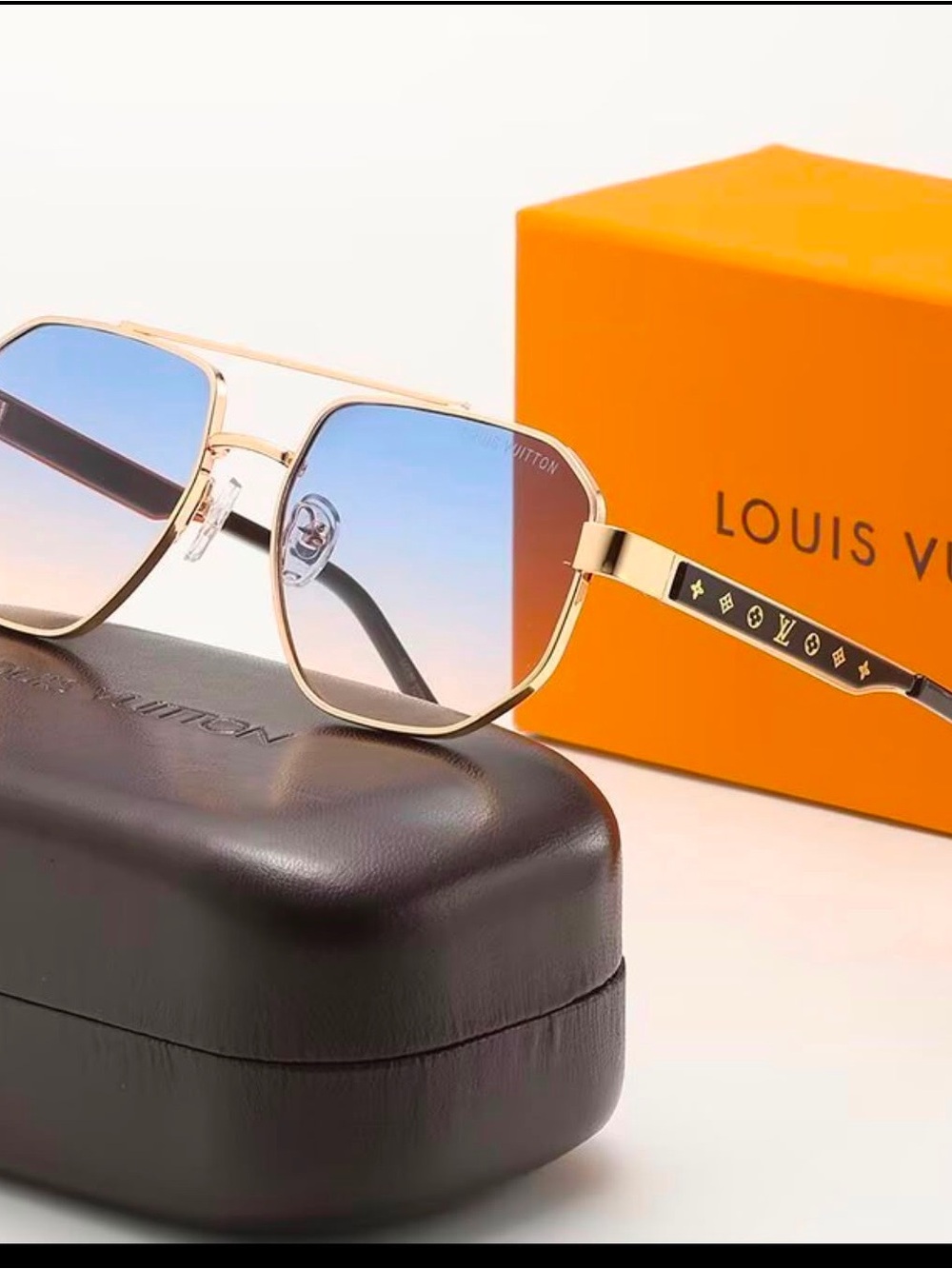 Gold Frame Sunglasses with Blue Gradient Lenses and Black Temples